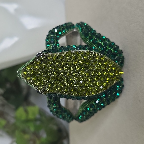 Silver Statement Bracelet Green Cubic Zirconia Frog Clamper Hinge - Picture 6 of 11